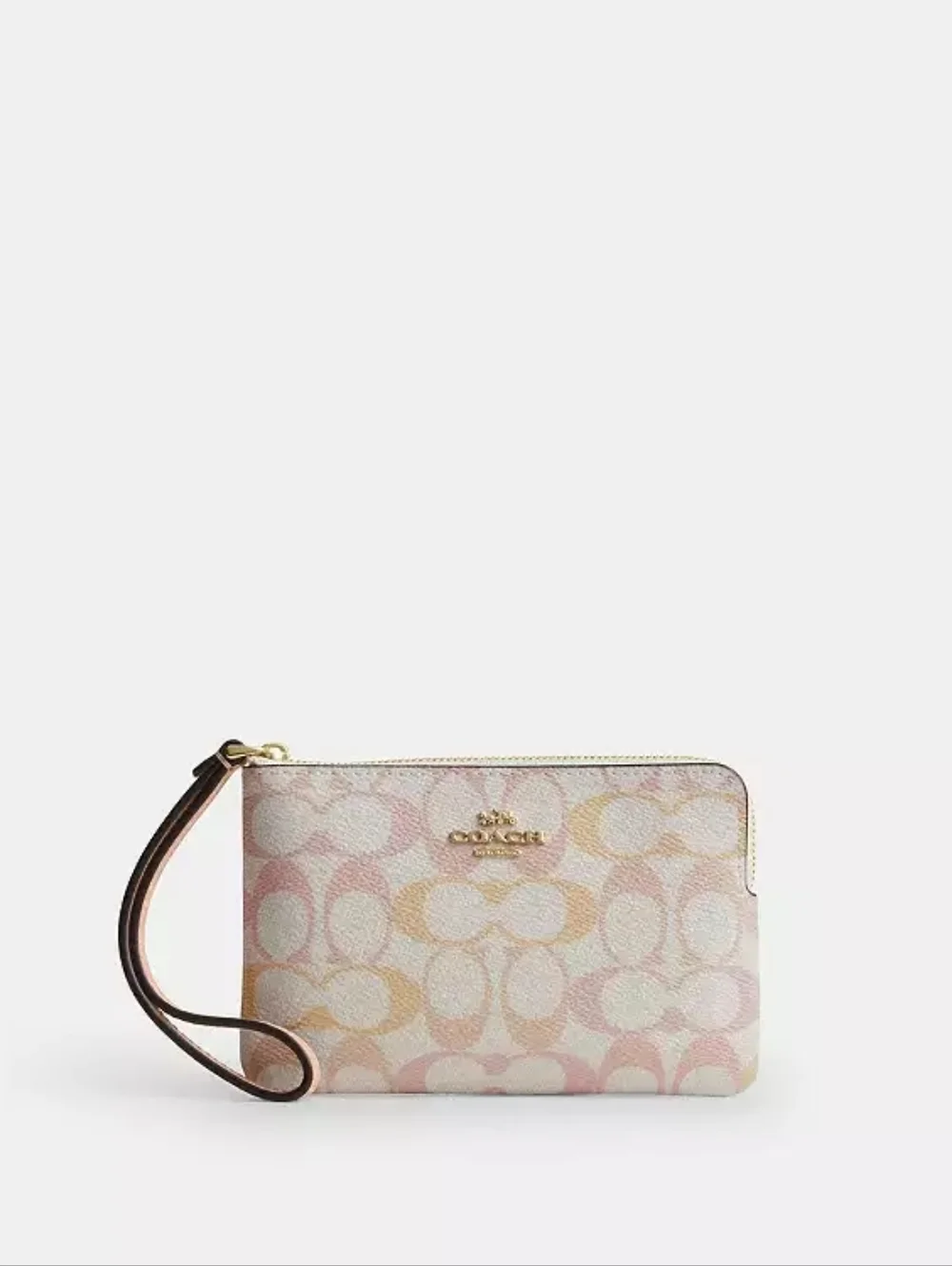 Coach Corner Zip Wristlet In Pretty Signature Canvas (Gold, pink, chalk white) - Picture 2 of 8